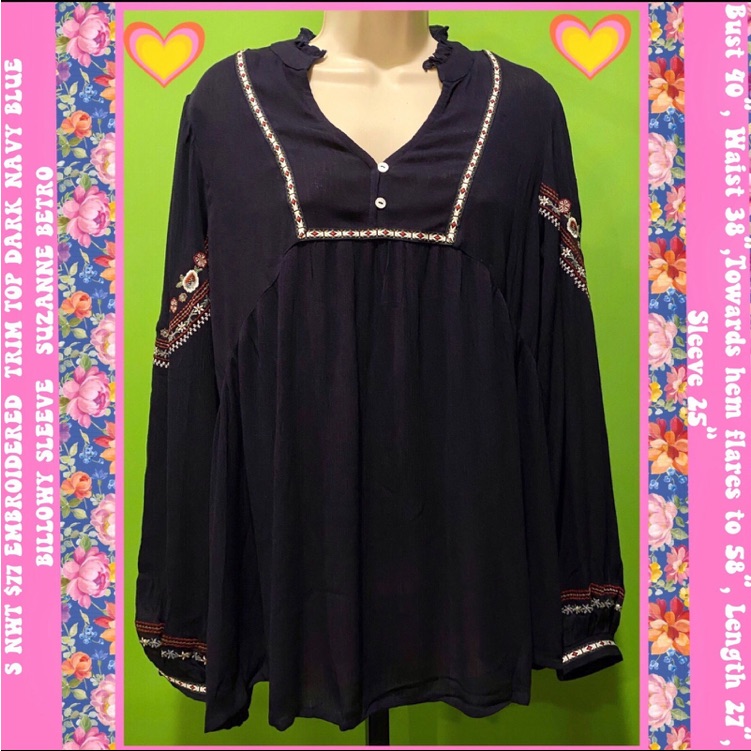 S Nwt $77 Embroidered-Trim Top Dark Navy Blue Billowy Sleeve~ Suzanne Betro